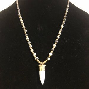 Bone horn pendant with Dalmatian jasper beaded necklace.